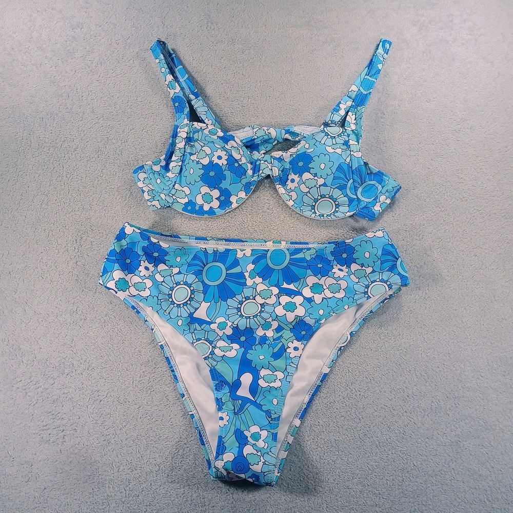 Unbranded Womens Floral High Waisted Bikini Set Blue Medium Retro Print